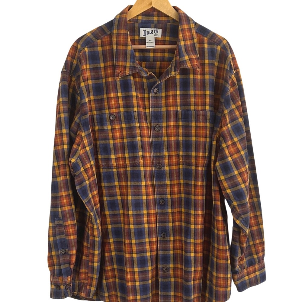 Duluth Trading Co Mens 3XL Relaxed Fit Plaid Flannel Shirt Blue Orange Rugged